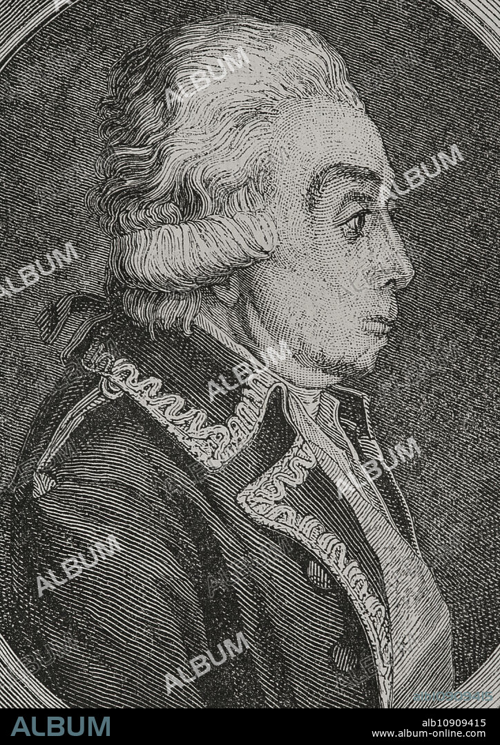 Nicolas Luckner (Johann Nikolaus Luckner) (1722-1794). German officer in the service of France who became a Marshal of France. Portrait. Engraving by Pannemaker. "History of the French Revolution". Volume I, 1876.