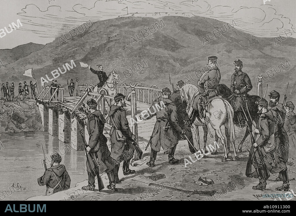 Russo-Turkish War (1877-1878). Siege of Plevna (20 July to 10 December 1877). Combats that took place between the joint army of Russia and the Kingdom of Romania against that of the Ottoman Empire. Surrender of the Turkish army at Plevna. The Turks asked for a parley by sending an officer with a white flag to present a series of proposals to the Russian general commanding the troops, General Ganetsky (1810-1877). Russian general Strukov receives Turkish negotiator at the Vid River bridge. Engraving by A. Brun. "La Guerra de Oriente" (The Russo-Turkish War). Volume III. 1878.