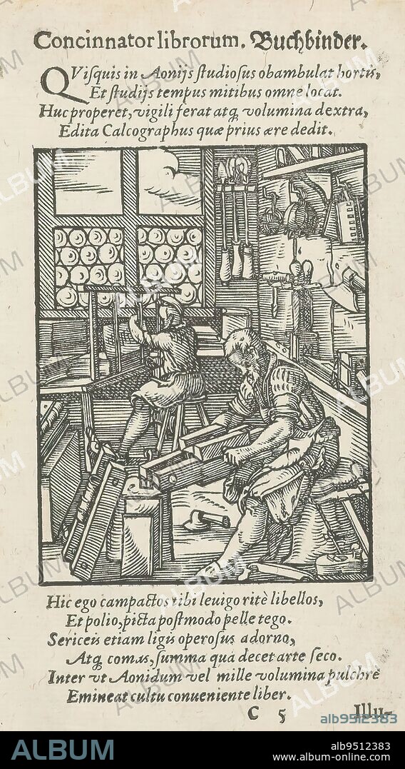 Bookbinder, Buchbinder (title on object), Two bookbinders at work in a studio., print maker: Jost Amman, publisher: Sigmund Feyerabend, Frankfurt, 1568, paper, letterpress printing, height 79 mm × width 61 mm, height 137 mm × width 76 mm.