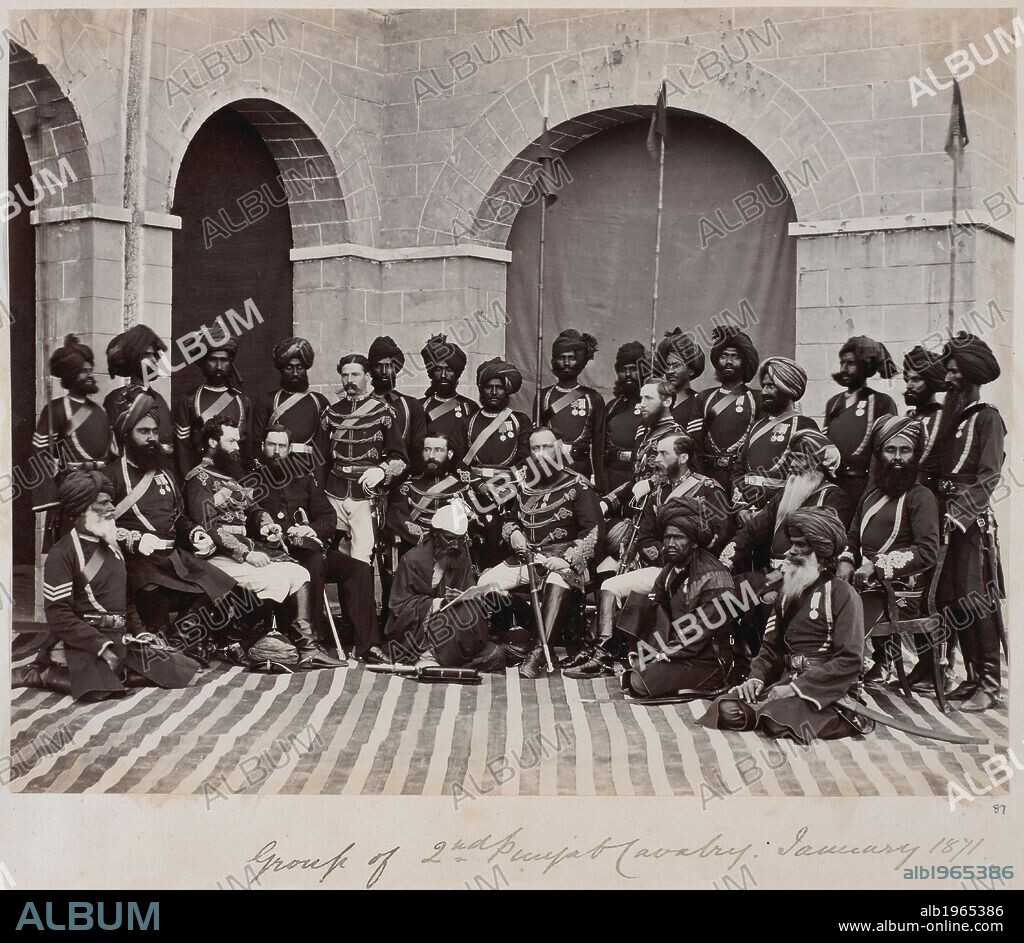 SIR CHARLES PATTON KEYES. Soldiers of the 2nd Punjab Cavalry, January 1871. Group photograph. British and Indian officers. . India, January 1871. Photographer:  Keyes, Sir Charles Patton Group of British and Indian officers under the command of Lieut-Colonel T.G. Kennedy. European officers from left: Captain F. Lance, Surgeon S.C. Courteney, Lieut L.T. Bishop, Lieut J.R. Campbell, Colonel T.G. Kennedy, Captain R.C. Clifford and Captain J.H. Broome. [Albumen print, 263x206mm]. Dera Ismail Khan; Pakistan; Punjab; Punjab (Pakistan). Source: Photo 782/(87).