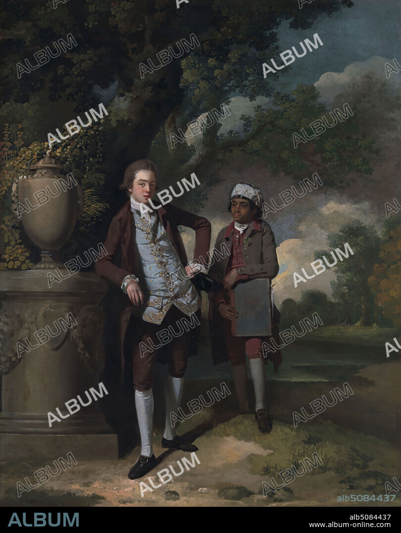 A Young Man with his Indian(?) Servant Holding a Portfolio, John Hamilton Mortimer, 17401779, British, ca. 1765, Oil on canvas, Support (PTG): 35 x 28 inches (88.9 x 71.1 cm), breeches (trousers), coat, costume, embroidery, gardens, Georgian, Indian, leaning, man, portfolio (group of works), portrait, servant, shoes (footwear), stockings, urn, vase, waistcoat.