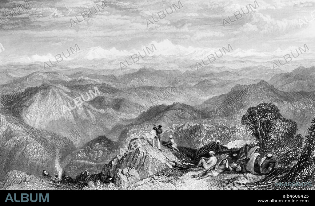 'Snowy Range, from Tyne or Marna', 1838. From "India - Scenery of the Himalaya Mountains", by Lieut. George Francis White, of the 31st Regt. [Fisher, Son & Co., London & Paris, 1838].