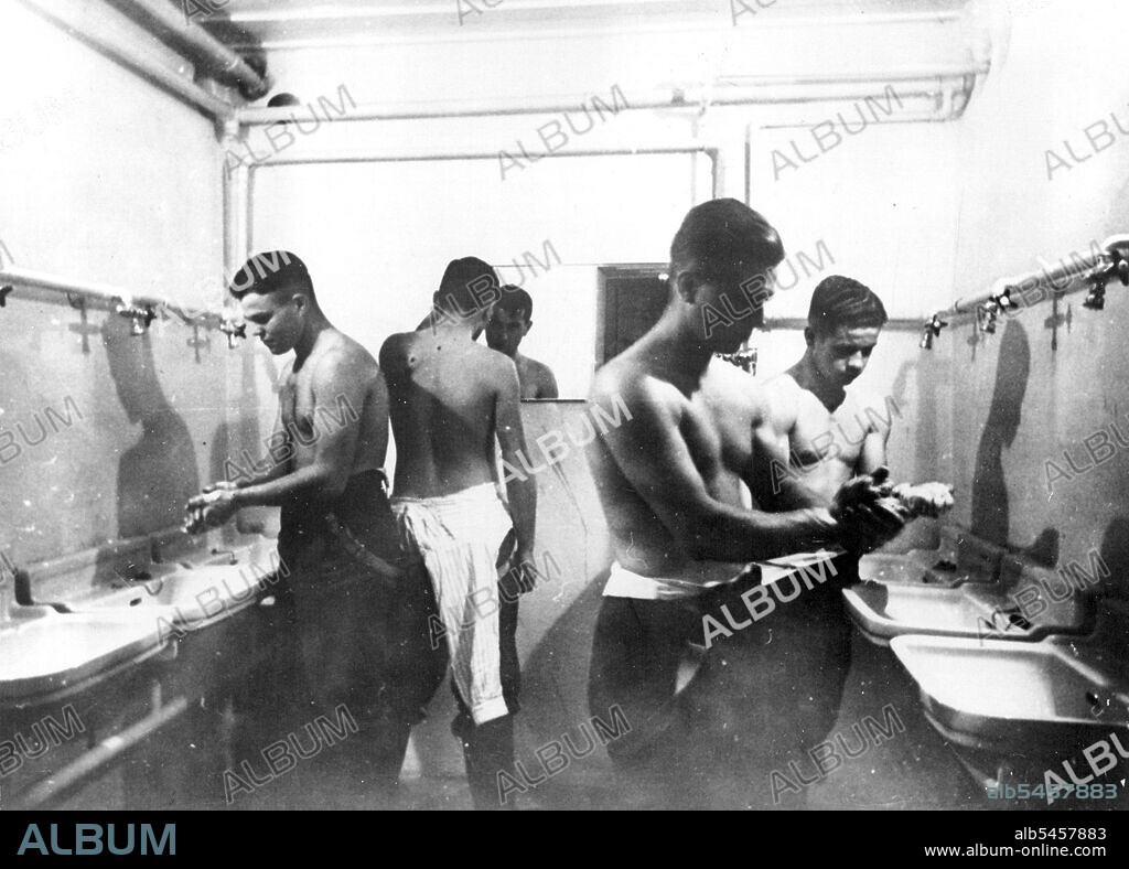 First Pictures Of Germany's Siegfried Line -- One of the underground wash rooms for the soldiers.These are the first pictures of Germany's new Siegfried line fortifications along that Western frontiers, described as "The most modern ad astounding works of our time". October 25, 1938. (Photo by Keystone).