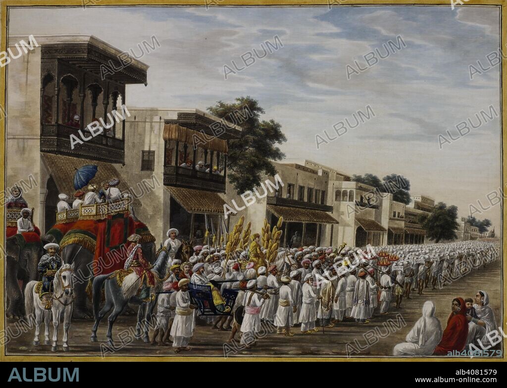 SEVAK RAM. Marriage procession of a Muslim bridegroom proceeding to the bride's house. Inscribed on back in English: 'Procession of the Sanhac'. 1807-1809. Watercolour. Source: Add.Or.16.
