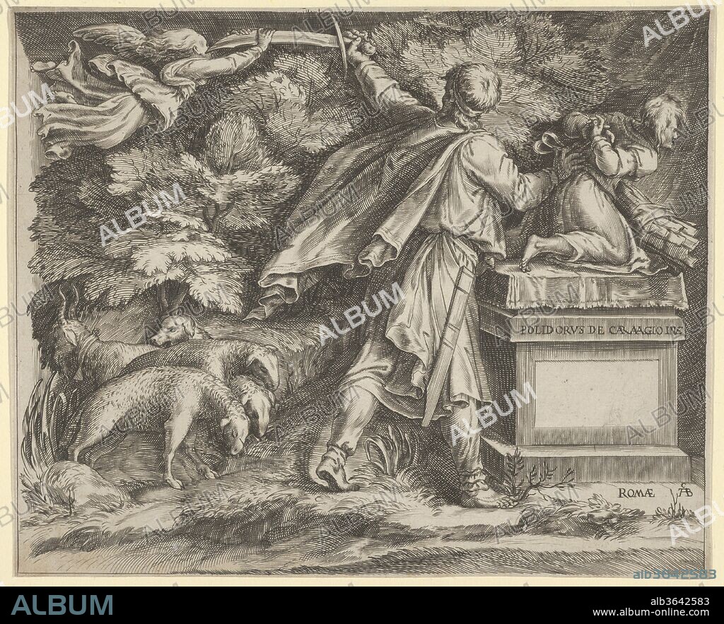 The Sacrifice of Isaac set in a landscape with a flock of sheep at left and an angel guiding Abraham's sword at upper left. Artist: Cherubino Alberti (Zaccaria Mattia) (Italian, Borgo Sansepolcro 1553-1615 Rome); After Polidoro da Caravaggio (Italian, Caravaggio ca. 1499-ca. 1543 Messina). Dimensions: Sheet: 7 1/8 × 8 3/4 in. (18.1 × 22.3 cm). Date: 1570-1615.