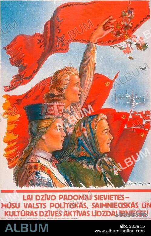 Sowjetunion / Lettland als Unionsrepublik der UdSSR. Frauen in lettischen Trachten vor wehenden Sowjetfahnen. Propagandaplakat, um 1946.
