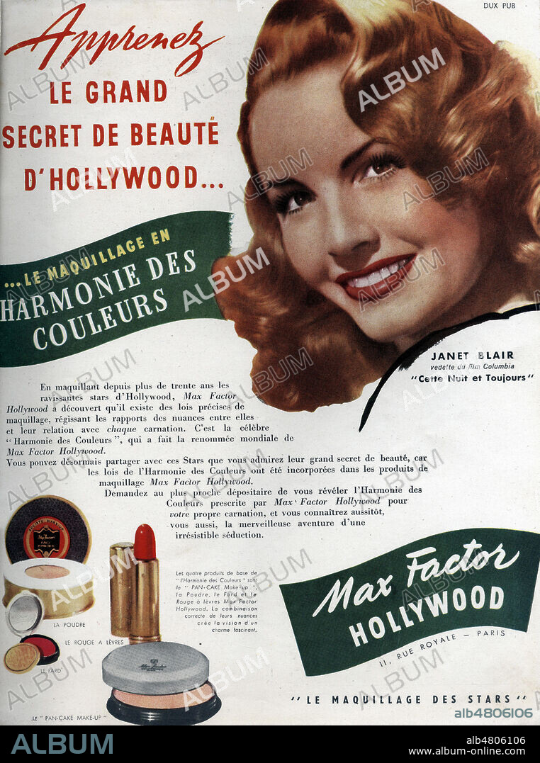 "Apprenez le grand secret de BEaute d'Hollywood" avec la vedette Janet BLAIR. Publicite pour produits cosmetiques MAX FACTOR in VOTRE BEAUTE , magazine de l'OREAL, cree par Eugene Schueller. Avril 1948 annes 40. Credit COllection privee JONAS/KHARBINE TAPABOR.