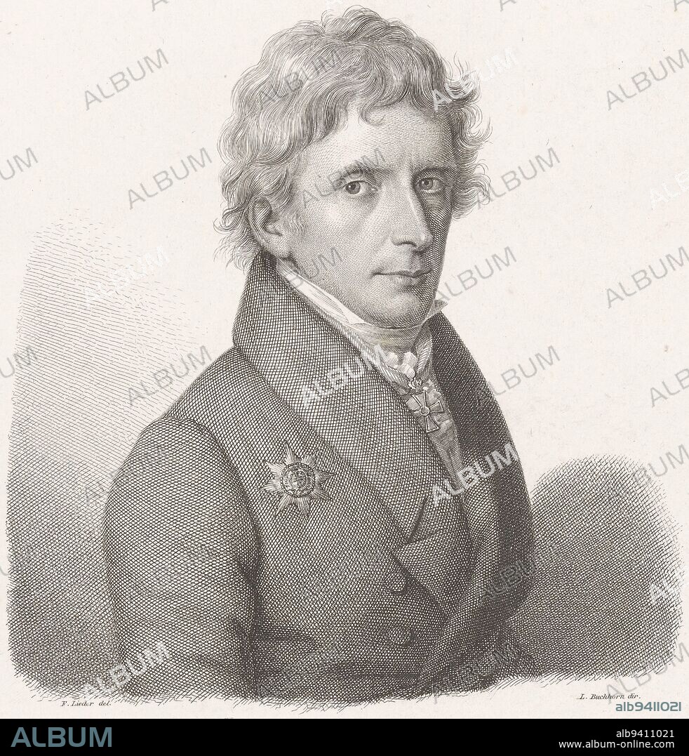 Portrait of Carl Ferdinand Friedrich von Nagler, print maker: Ludwig Buchhorn, (mentioned on object), intermediary draughtsman: Friedrich Johann Gottlieb Lieder, (mentioned on object), Berlin, 1823 - 1856, paper, etching, engraving, h 260 mm - w 197 mm.
