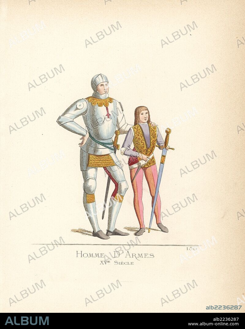 Man of arms of the 15th century. He wears a helmet and suit of steel plate armour with gold chainmail joints. His young page in tunic and stockings holds a sword in a blue scabbard. From a painting by Pinturicchio in the Basilica of the Holy Cross in Jerusalem, Rome. Handcoloured illustration drawn and lithographed by Paul Mercuri with text by Camille Bonnard from "Historical Costumes from the 12th to 15th Centuries," Levy Fils, Paris, 1861.