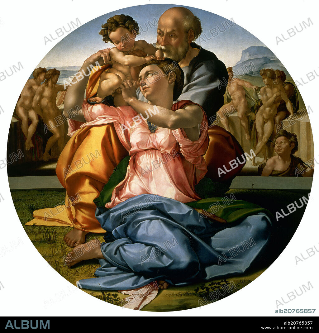 MICHELANGELO. Italian school. The Holy Family (the Tondo Doni). Sagrada Familia (Tondo Doni). 1504. Oil on pannel - restored painting . Florence, Uffizi (Offices) Gallery.