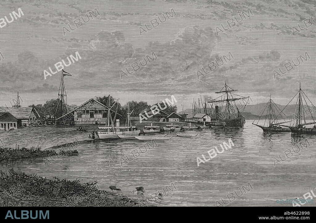 Historia de Africa. Siglo XIX. La flotilla de la expedición internacional en Banana Point, cerca de la factoría holandesa. Grabado. El Congo y la Creación del Estado Independiente de este nombre. Historia de los Trabajos y Exploraciones Verificados, por Enrique M. Stanley. Editada en Barcelona, hacia 1890. España.