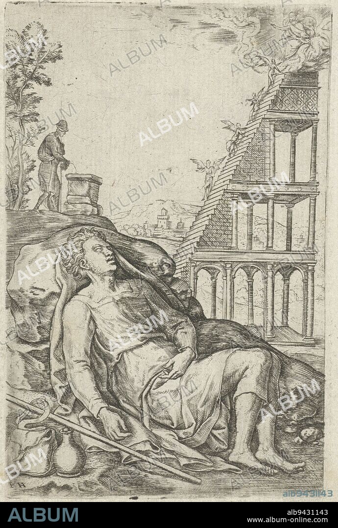 Jacob's dream, Pieter Huys, after Pieter van der Borcht (I), 1545 - 1577, Jacob lies asleep with his head on a stone, his staff, bag and jug beside him. To the right his dream is visible: a staircase to heaven, on which four angels are walking. At the top of the stairs God is enthroned. At the back left, Jacob consecrates the stone on which he has slept by pouring oil over it., print maker: Pieter Huys, (mentioned on object), intermediary draughtsman: Pieter van der Borcht (I), Antwerp, 1545 - 1577, paper, engraving, h 115 mm × w 75 mm.