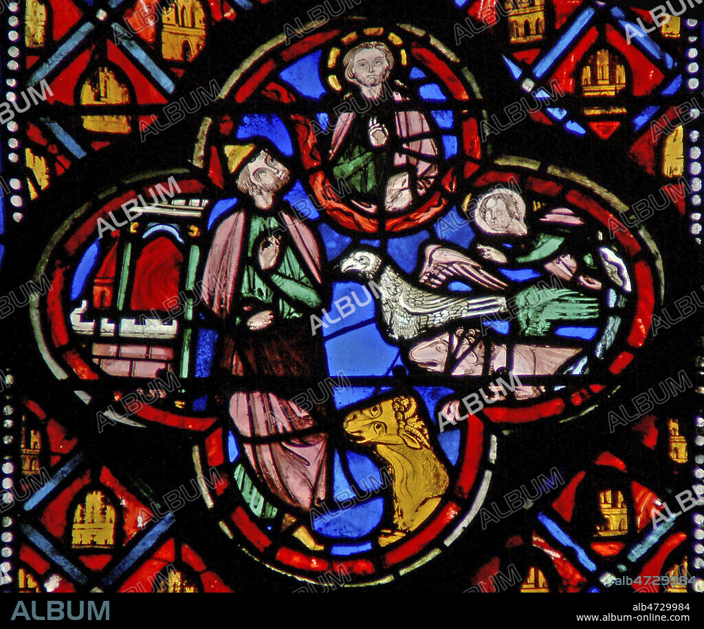Vision du charriot de Dieu tire par les quatre vivants ou tetramorphe - livre d'Ezekiel (Ezechiel). Vitrail de la Sainte Chapelle datant du 13eme s. Photographie par Painton Cowen. Credit : Collection Cowen/KHARBINE-TAPABOR.
