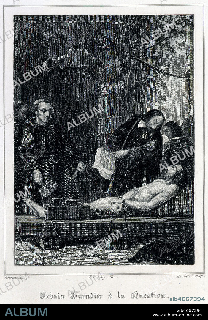 'Urbain GRANDIER a la question'. Gravure de Jules-Joseph BOURDET (1799-1869) vers 1840. Credit : Collection KHARBINE-TAPABOR.