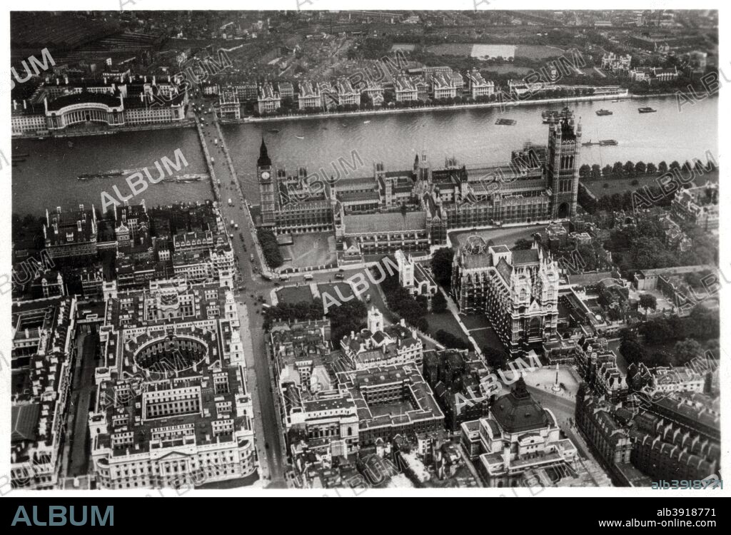 Aerial view of Westminster, London, from a Zeppelin, 1931 (1933). View showing Whitehall, Westminster Abbey, the House of Parliament and Westminster Bridge, with County Hall visible on the opposite bank of the Thames. A photograph from Zeppelin-Weltfahrten, Vom ersten Luftschiff 1899 bis zu den Fahrten des LZ127 Graf Zeppelin 1932, Dresden, 1933.