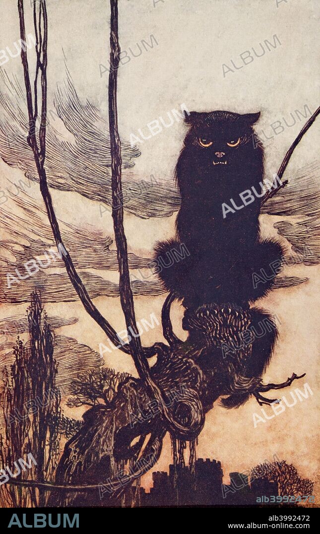 By day she made herself into a cat ?. Jorinda and Joringel from The Fairy Tales of the Brothers Grimm, pub. 1909 (colour lithograph).