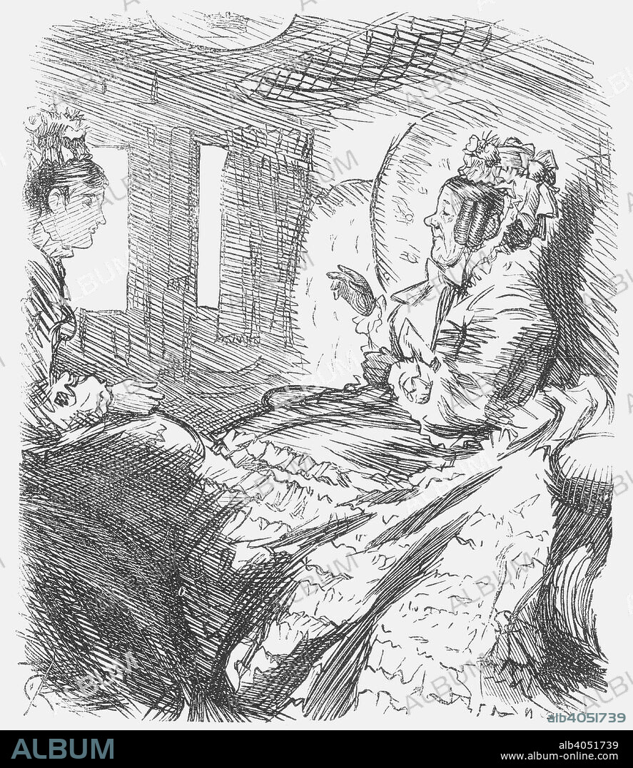 'The Question Settled', 1874. A Mrs Malaprop-like elderly lady, dressed in frills and lace rather unbecoming to one of her years, is taking a journey by railway.  The numerous collisions that occurred on the country's railways each year was becoming more and more often the subject of criticism. The infrastructure of tracks and signals was failing to keep up with, or properly support, the growing use that was being made of the railway system. From Punch, or the London Charivari, September 1874.