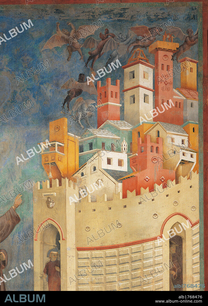 Stories of St Francis St Francis drives the Devils out of Arezzo, by Giotto, 1297-1299 about, 13th Century, fresco, cm 273 x 230. Italy, Umbria, Perugia, Assisi, Upper Basilica of San Francesco, nave. Detail. The demons devils fleeing from the city town. Fortified Medieval town, crenellated walls, covered roof terraces, houses, towers, colors yellow, white, bright pink, light blue azure. Light blue azure background.