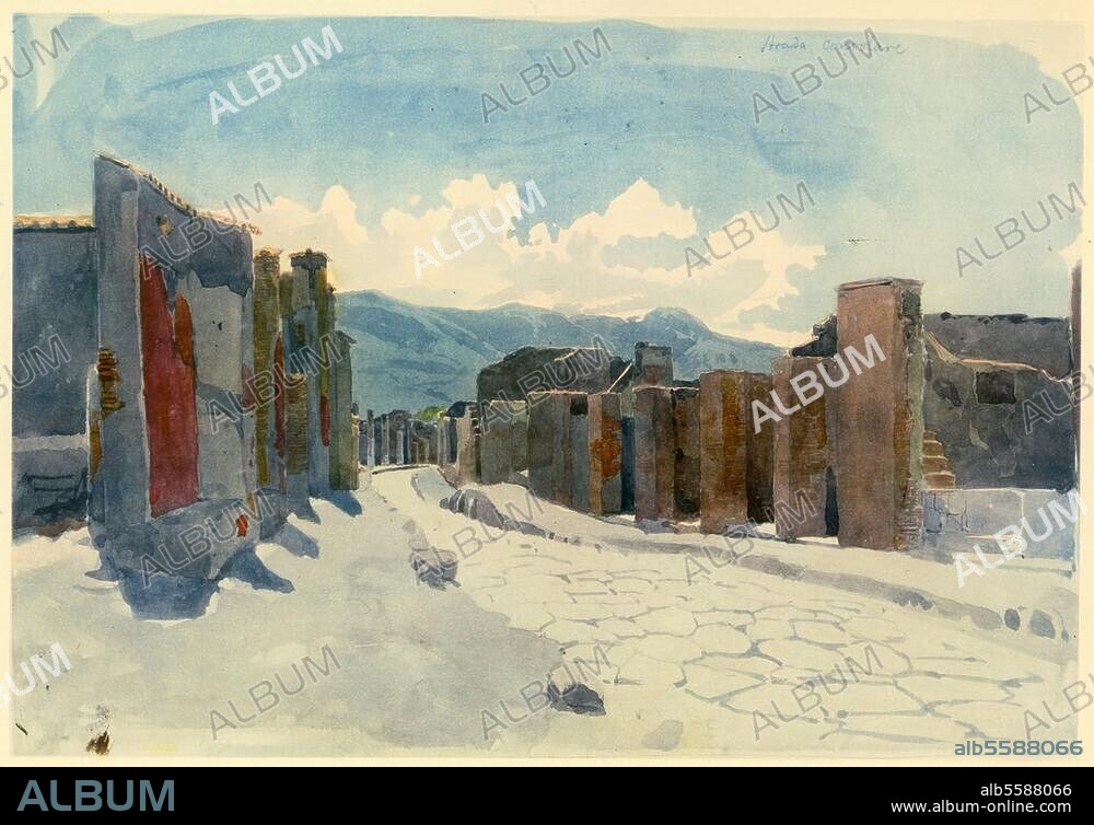 Pompeji (Kampanien, Italien), Via Consolare. "Pompejanische Straße". Aquarell, 1829, von Karl Blechen. (1798-1840). Auf Papier, 24 × 35 cm. Aus dem Neapler Skizzenbuch. Berlin, SMB, Kupferstichkabinett.