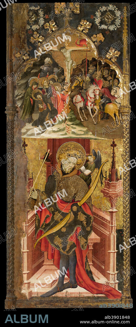 JOAN MATES. Calvary and Saint Sebastian. Date/Period: From 1417 until 1425. Painting. Tempera, gold leaf and metal plate on wood. Height: 2,433 mm (95.78 in); Width: 1,025 mm (40.35 in).