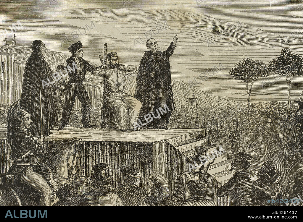 Josep Barceló Cassadó (Mataró, 1824-Barcelona, 1855). Dirigente obrero catalán. Hilador y miembro destacado de la asociación de hiladores de algodón de Barcelona. Participó activamente en las movilizaciones obreras durante el verano de 1854. Fue juzgado en un consejo de guerra por un crimen acaecido en el mas de Sant Jaume de Olessa de Montserrat, siendo declarado culpable y condenado a muerte. Ejecución de Josep Barceló el 6 de junio de 1855 en Barcelona, en el portal de Sant Antoni (actual plaza Josep Maria Folch i Torres). Grabado. Historia de las Escuadras de Cataluña, 1876.