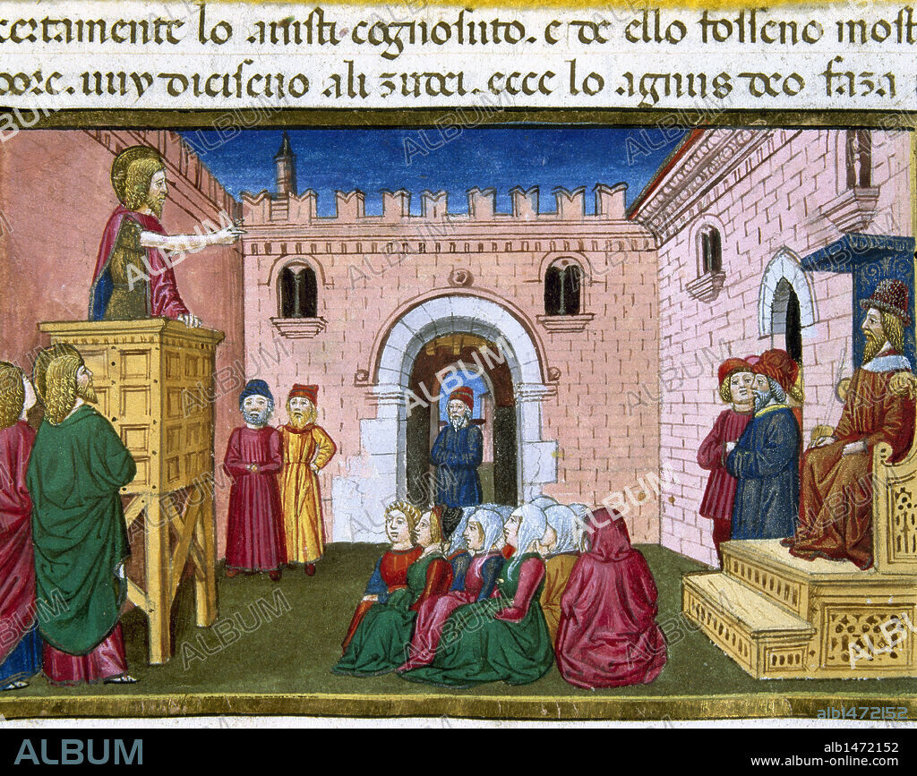 "LA CORTE DE HERODES CON JUAN BAUTISTA ENCADENADO POR INSTIGACION DE HERODIAS". Página miniada del CODICE DE PREDIS. Renacimiento-Quattrocento (s. XV). Biblioteca Real. Turín. Italia.