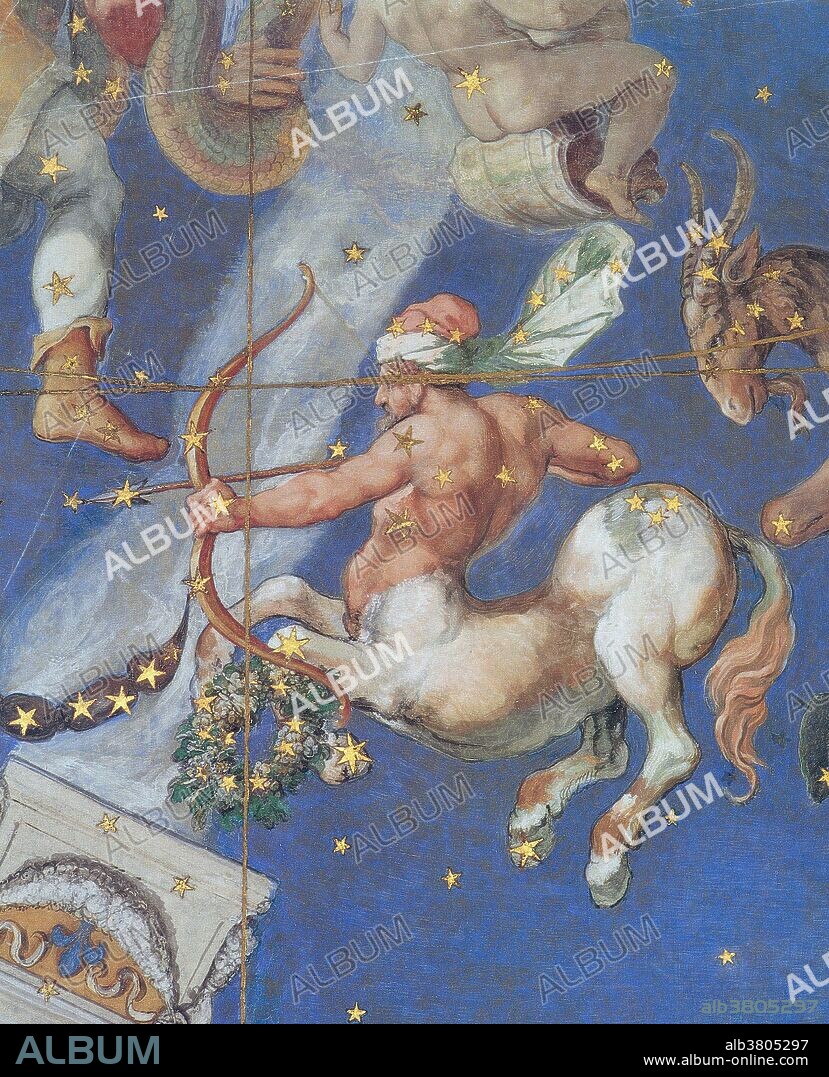 Sagittarius constellation on the ceiling in the Villa Farnese, Caprarola, Italy painted in 1575. Sagittarius is a constellation of the zodiac, the one containing the galactic center. Its name is Latin for the archer. It is one of the 48 constellations described by the 2nd century astronomer Ptolemy, and remains one of the 88 modern constellations defined by the International Astronomical Union. Sagittarius is commonly represented as a centaur drawing a bow. It lies between Ophiuchus to the west and Capricornus to the east. In Greek mythology, Sagittarius is identified as a centaur: half human, half horse. Sagittarius is the ninth astrological sign, which is associated with the constellation Sagittarius. It spans the 240-270th degree of the zodiac, between 234.75 and 270 degree of celestial longitude, which the Sun transits on average between November 23 to December 21 each year.