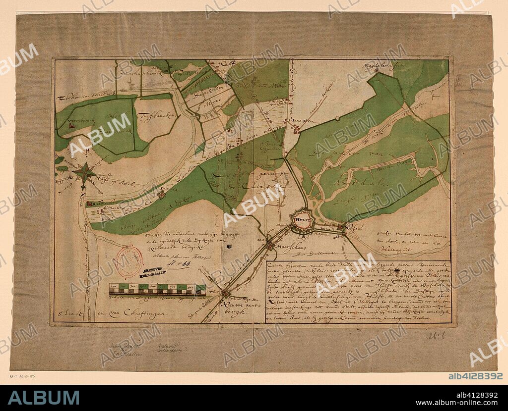 Kaart van Hulst en omliggende polders. Caerte figurative vande Stadt Hulst mette omliggende polders: Vertoonende (mette graeuwe slickoleur) wat Landen uyt slick bedyckt syn, ende alle getide onder water connen geset worden: Ende met een Licht gorsgroene Coleur wat Landen uyt schorre bedijckt, ende alleene met sprinckvloeden onder connen loopen. Synde hierbij gevoucht de nieuwe vaert van Hulst voorbij de Moerschans, tot de santbergh, gelyck die gemaeckt is. Alsmede een Desseyn om de selve vaert langs de Contrescherp van Hulst, en soo voorts (nevens t' fort Nassau) naet Cannael van Axel en t' Hellegat te brengen, dienen: tot een son-derlinge versterkinge van voorn: stadt, alsmede desselfs Ambacht, dat by die middel tot een Eylant soude connen gemaeckt worden, daerop by verder bedijckinge exactelyk te letten staet; als by gevolge oock dienen: tot meerder securiteyt van Zeelant (title on object). Draughtsman: anonymous. Dating: 1750 - 1795. Measurements: h 360 mm × w 540 mm; h 473 mm × w 645 mm.