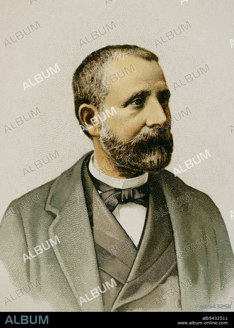 Gaspar Núñez de Arce (1832-1903). Poeta y político español. Tomó parte activa en la Revolución Gloriosa de septiembre de 1868 para destronar a Isabel II. Ministro de Ultramar en 1883 en el gobierno presidido por Sagasta. Retrato. Cromolitografía. Historia General de España, por Miguel Morayta. Tomo VIII. Madrid, 1894.