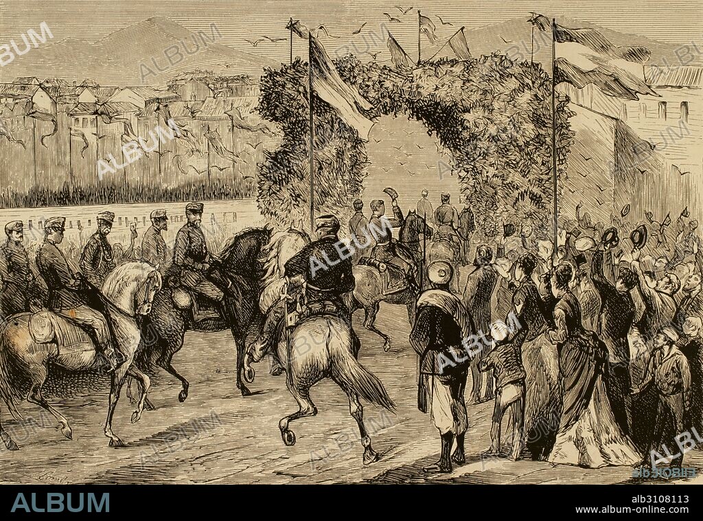TERCERA GUERRA CARLISTA (1872-1876). España. San Sebastian. Llegada del rey Alfonso XII a la ciudad por el camino de Hernani, 19 de febrero de 1876. Grabado por Capuz. La Ilustración Española y Americana", 1876.
