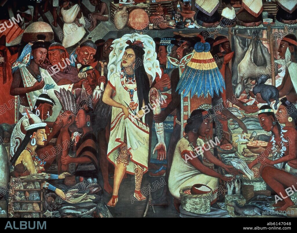 DIEGO RIVERA. The Market of Tlatelolco, detail from The Great City of Tenochtitlan, from the cycle 'Pre-Hispanic and Colonial Mexico' - 1945 - mural.