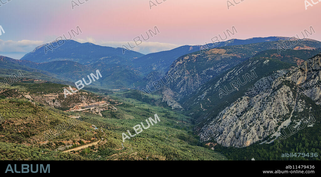 Landscape of the Pleistos River Valley at dusk, Delphi, Phocis, Greece, Europe.