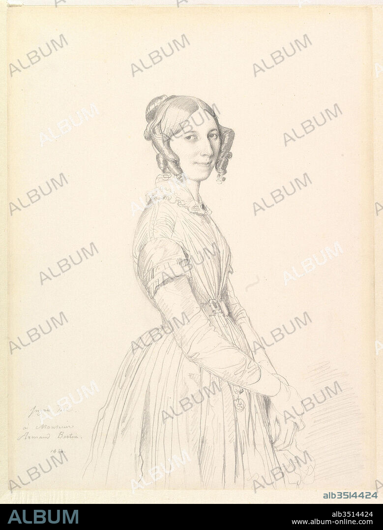 Madame Armand Bertin, née Marie-Anne-Cécile Dollfuss, 1843, Graphite on wove paper, Sheet: 13 7/16 x 10 1/4 in. (34.2 x 26 cm), Drawings, Jean Auguste Dominique Ingres (French, Montauban 1780–1867 Paris), Ingres’s characteristic distortion of anatomy is evident, as the impossibly long arms and extreme downward slope of Mme Bertin’s shoulders defy proportion. Her face, framed by glossy sausage-shaped ringlets, bears a soft, friendly expression, testifying to the Bertin family’s close relationship with the artist.