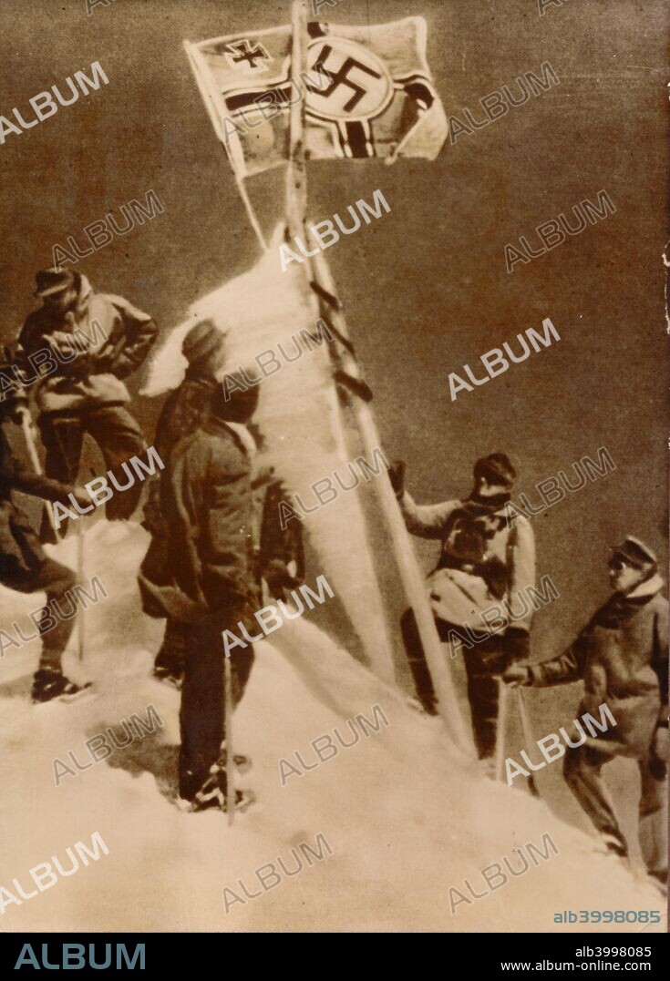 German Wehrmacht plant a Nazi flag on the summit of Mount Elbrus, Russia, Case Blue, later renamed Operation Braunschweig, 9th August 1942.