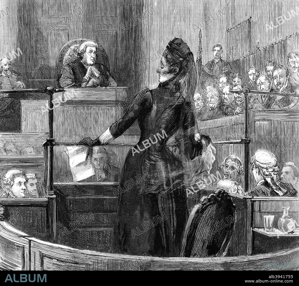The trial of Mrs Maybrick at Liverpool, 1889. Florence Maybrick (1862-1941) was an American citizen accused of poisoning her British husband, James Maybrick, a Liverpool cotton merchant. She was was arrested, convicted and sentenced to death, but the penalty was commuted to life imprisonment. She spent fourteen years in prison in England, though was doubt about her guilt. A print from the Illustrated London News.