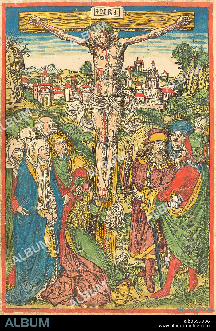 ATTRIBUTED TO MICHAEL WOLGEMUT. The Crucifixion with Saint Mary Magdalene. Dated: c. 1490. Medium: hand-colored woodcut.