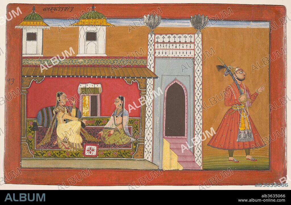 A Courtesan and Her Lover Estranged by a Quarrel:  Page from a Rasamanjari series. Artist: Devidasa of Nurpur (active ca. 1680-ca. 1720). Culture: India (Punjab Hills, Basohli). Dimensions: Overall: 8 5/8 x 12 3/4in. (21.9 x 32.4cm)
Painting within rules: 6 3/4 x 11 1/4 in. (17.2 x 28.6 cm). Date: dated 1694-95.
The Rasamanjari (Essence of the Experience of Delight) is a series of late fifteenth-century poems that subtly categorizes amorous situations, moods, and physical traits of women. In this image, the half-open doorway alludes to the lover's hasty departure from the palace of his mistress. The marble gateway with darkened portal visually separates the two and forms a visual metaphor for their rift. Unlike earlier versions of this theme, in which the nayaka (lover hero) is represented as Krishna, here that role is played by a princely figure, adding heightened realism to the scene.