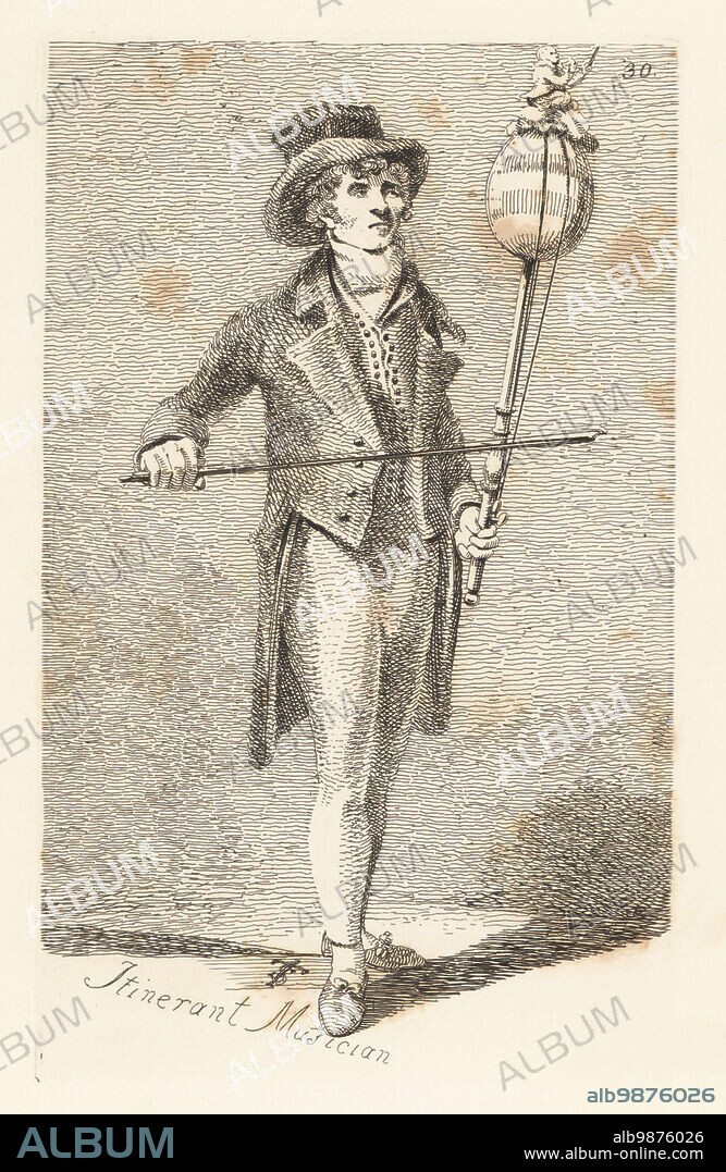 Bernardo Millano, an Italian itinerant musician or Bladder man. The hurdy-gurdy like instrument has several strings over a bladder mounted on a long stick, played with a violin bow. In hat, tailcoat, waistcoat and trousers. Copperplate engraving drawn from life and engraved by John Thomas Smith from his own The Cries of London, or Vagabondiana 2, edited by Francis Douce, John Bowyer Nichols, London, 1839.