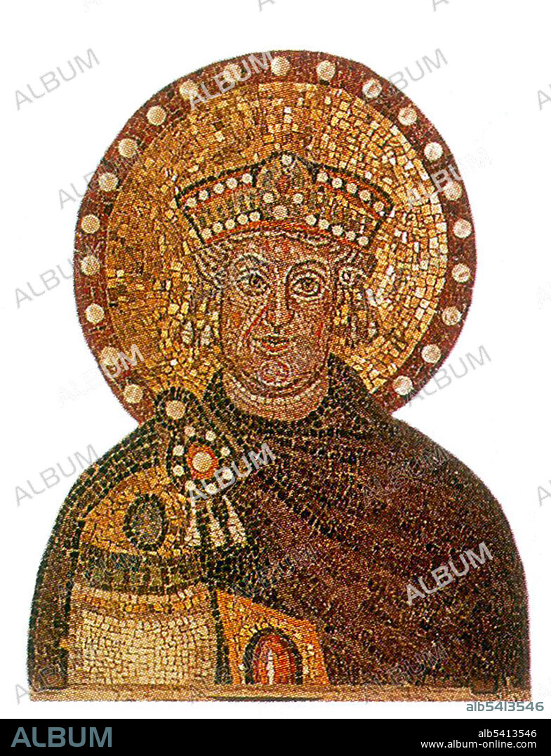 Justinian I (482 - November 14, 565) was the Eastern Roman emperor from 527 to 565. During his reign, Justinian sought to revive the empire's greatness and reconquer the lost western half of the historical Roman Empire. His legacy was the uniform rewriting of Roman law, the Corpus Juris Civilis, which is still the basis of civil law in many modern states. His reign also marked a blossoming of Byzantine culture, and his building program yielded such masterpieces as the church of Hagia Sophia. Undated mosaic.
