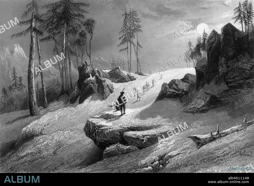 'Crossing the Choor Mountain', 1838. From "India - Scenery of the Himalaya Mountains", by Lieut. George Francis White, of the 31st Regt. [Fisher, Son & Co., London & Paris, 1838].
