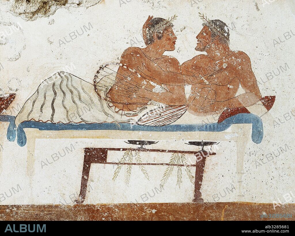 Symposium on the north wall. Paestum. Magna Graecia. Southern Italy. Ancient Greek. 5th century BC. National Museum of Paestum.