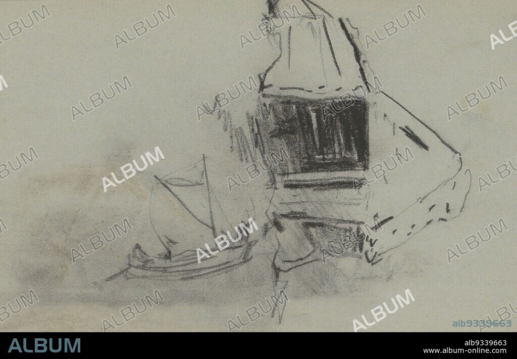 Sheet 22 verso from a sketchbook with 38 sheets meant during the expedition to Nova Zembla in 1880., Building and a manned boat, Louis Apol, 1880.