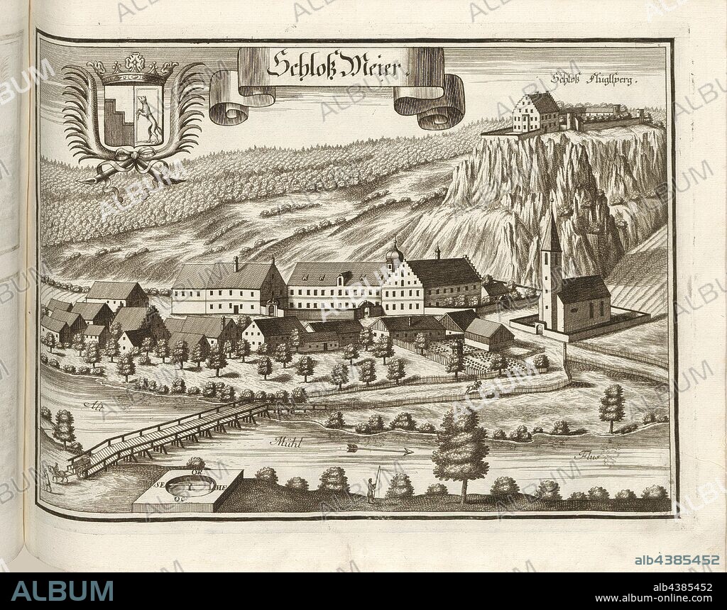 Castle Meier, Meihern Castle, Flügelsberg Castle and Altmühl River in Bavaria (Germany), Fig. 168, after p. 92, Wening, Michael (del. et sc.), 1701, Michael Wening: Historico-topographica descriptio. Das ist: Beschreibung, dess Churfürsten- und Hertzogthumbs Ober- und Nidern Bayrn, welches in vier Theil oder Rennt-Aembter, als Oberlands München und Burgkhausen, Underlands aber in Landshuet unnd Straubing abgetheilt ist [...]. Thail 1. München: bey Johann Lucas Straub, gem: lobl. Landtschafft Buchtruckern, anno M.DCCI. [1701].