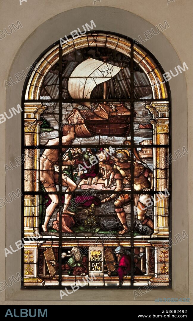 The Deluge. Artist: Valentin Bousch (French, active 1514-41, died 1541). Culture: French, Lorraine, Metz. Dimensions: Overall: 11 ft. 10 1/4 in. × 67 in. (361.3 × 170.2 cm). Date: 1531.
This window comes from a series of seven windows made for the choir of the Benedictine priory church of Saint-Firmin in Flavigny-sur-Moselle in the Lorraine region of France. 
The windows had been commissioned by the prior, Wary de Lucy (1510-1557) from Valentin Bousch, a glass painter in Metz who had already worked on a number of important projects including Metz cathedral. Bousch was occupied by the Flavigny-sur-Moselle project in the early 1530s. Three of the extant monumental windows from the series each bear a date (1531, 1532 and 1533). Bousch was one of the most significant master glaziers in north-eastern France in the sixteenth century and has long been recognized as an important participant in the stylistic and technical developments of the Northern Renaissance. 
Together, the windows presented a Biblical narrative reflecting the story of humanity, starting with the Creation and Fall of Man (until recently in a private collection, Langley, British Columbia), then consecutively depicting the Deluge (MMA 17.40.2a-r), Moses presenting the tablets of Law (MMA 17.40.1a-r), the Nativity or Annunciation at the east end (lost), the Crucifixion (Saint Joseph's church, Stockbridge, Mass.), the Resurrection or the Supper at Emmaus (lost) and, finally, the Last Judgement (lost). Decorative consoles at the base of each window (not currently on view) depict the arms of Savigny and Craincourt, Wary de Lucy's forbearers.
In these windows, Valentin Bousch rejected traditional compartmentalization, instead treating each composition like an enormous painted or carved retable, with trompe l'oeil architectural frames. Brilliant hues of colored glass are combined with painted areas of grisaille and silver-stain on clear glass. The windows provide an early example of daring virtuoso glass-cutting to achieve sharp and sinuous contours. As a group, the windows are remarkable because of their nuanced modeling, their vitality of composition, lifelike features and the contrast of exquisite landscape details (like those in the Moses window) with dramatic dynamism (most skilful in the Deluge window).