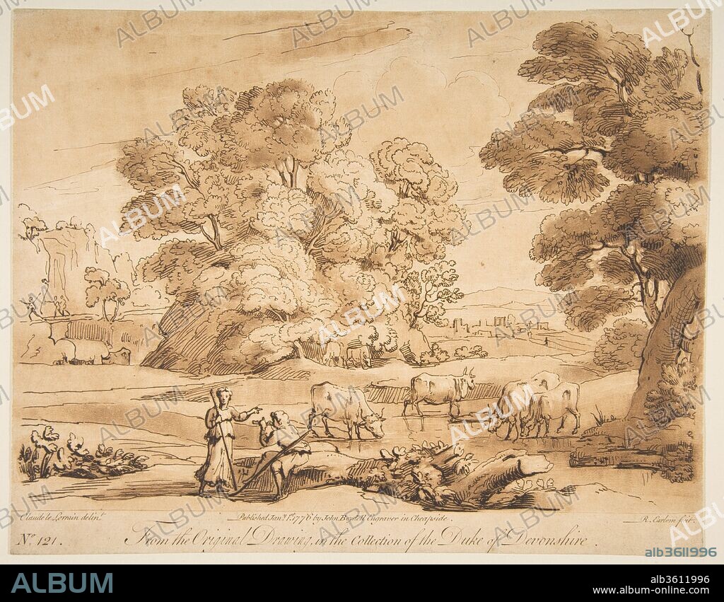 Landscape with Shepherd and Shepherdess. Artist: Richard Earlom (British, London 1743-1822 London); After Claude Lorrain (Claude Gellée) (French, Chamagne 1604/5?-1682 Rome). Dimensions: sheet: 7 7/8 x 10 1/16 in. (20 x 25.5 cm). Publisher: Published by John Boydell (British, Shropshire 1720-1804 London). Series/Portfolio: Liber Veritatis, no. 121. Date: 1776.