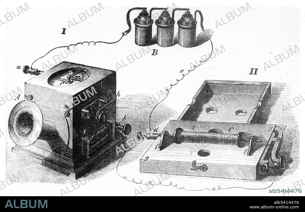 The Reis telephone was a rudimentary telephone invented by Johann Philipp Reis (German, 1834-1874). First built in 1860, it was based on the principle of magnetostriction. Wire coiled around iron cores and needles caused contraction when a current flowed, producing an audible click in a resonator. However, the sounds were faint, and there was little interest in the invention. The practical development of the telephone was achieved by others, such as Alexander Graham Bell.