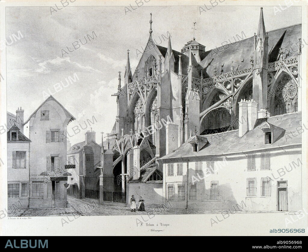 Drawing of the Basilique Saint-Urbain de Troyes (Basilica of Saint Urban of Troyes), formerly the Eglise Saint-Urbain, is a massive medieval church in the city of Troyes, France. It was a collegial church, endowed in 1262 by Pope Urban IV. It is a classic example of late 13th century Gothic architecture.