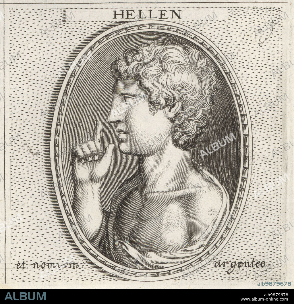Hellen, progenitor of the Hellenes in Greek myth. Son of Deucalion (or Zeus) and Pyrrha, and father of three sons, Dorus, Xuthus and Aeolus. Copperplate engraving after an illustration by Joachim von Sandrart from his LAcademia Todesca, della Architectura, Scultura & Pittura, oder Teutsche Academie, der Edlen Bau- Bild- und Mahlerey-Kunste, German Academy of Architecture, Sculpture and Painting, Jacob von Sandrart, Nuremberg, 1675.