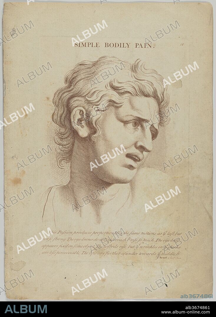 Simple Bodily Pain (from Heads Representing the Various Passions of the Soul; as they are Expressed in the Human Countenance: Drawn by that Great Master Monsieur Le Brun). Artist: After Charles Le Brun (French, Paris 1619-1690 Paris). Dimensions: Plate: 11 1/4 x 7 1/4 in. (28.6 x 18.4 cm). Engraver: Anonymous, British, 18th century. Publisher: Robert Sayer (British, Sunderland 1725-1794 Bath). Date: 1765.