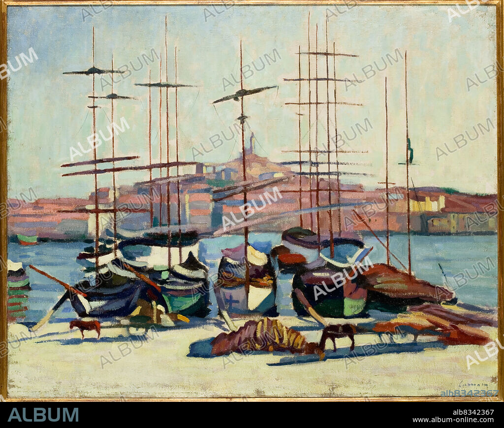 CHARLES CAMOIN. Port de Marseille, Notre-Dame-de-la-Garde a? travers les mâts.